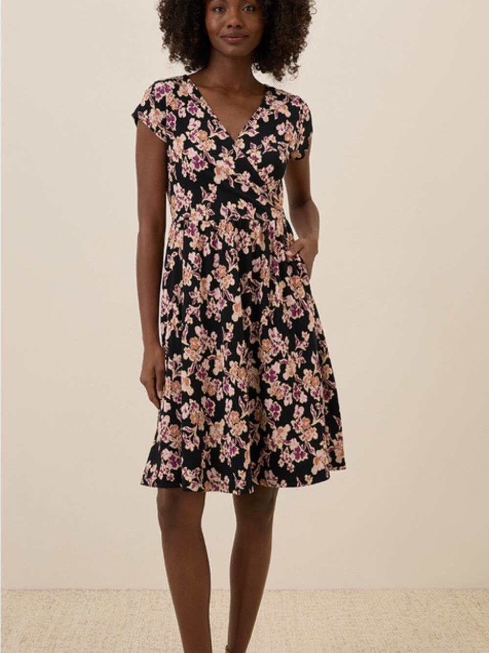Pact organic cotton Floral V-Neck Black & Pink Fit-and-Flare Dress